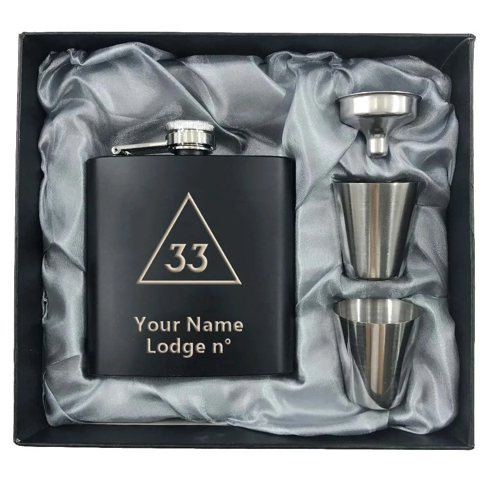 33rd Degree Scottish Rite Flask - 2 Shot Glasses & Funnel