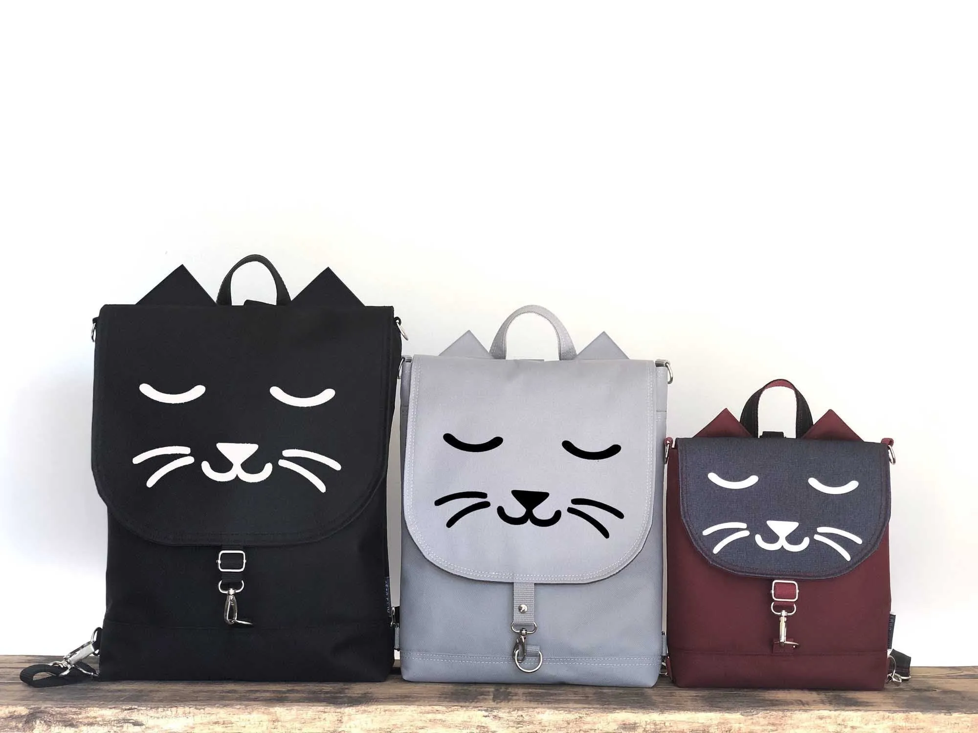 Black Burgundy Cat Face Designer Backpack, Personalized Cross Body Bag | Aris Bags