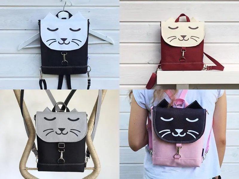 Black Burgundy Cat Face Designer Backpack, Personalized Cross Body Bag | Aris Bags