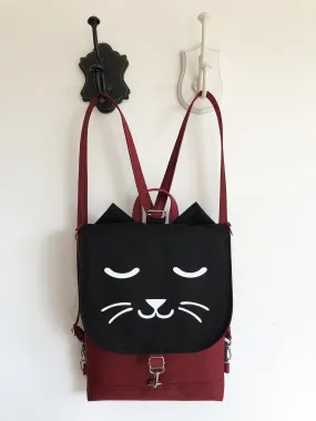 Black Burgundy Cat Face Designer Backpack, Personalized Cross Body Bag | Aris Bags