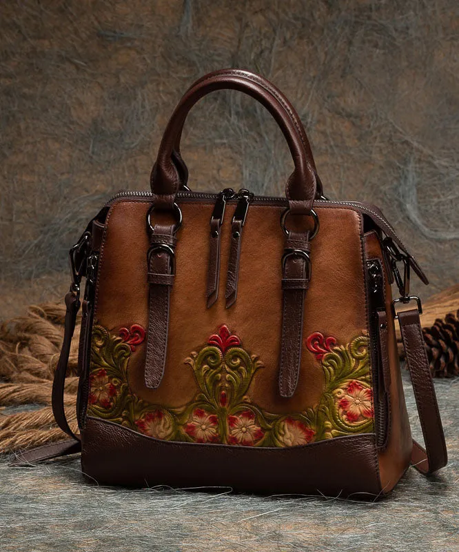 Casual Brown Jacquard Calf Leather Tote Handbag