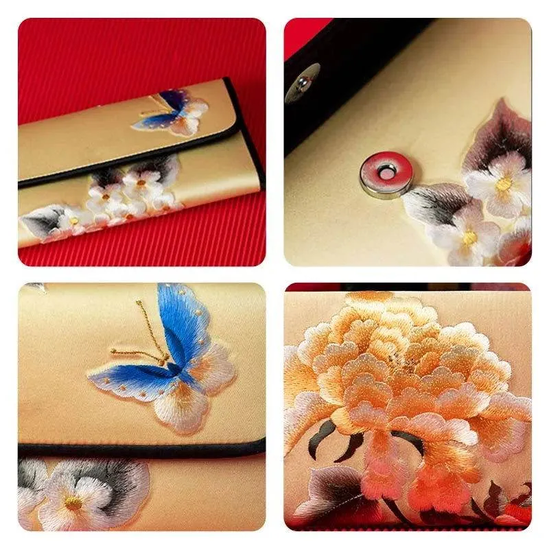 Chinese Handcraft Embroidery Floral Slim Handheld Wallet