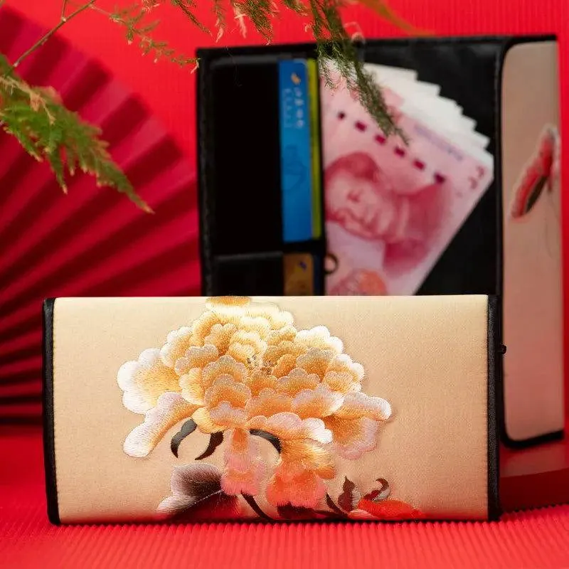 Chinese Handcraft Embroidery Floral Slim Handheld Wallet