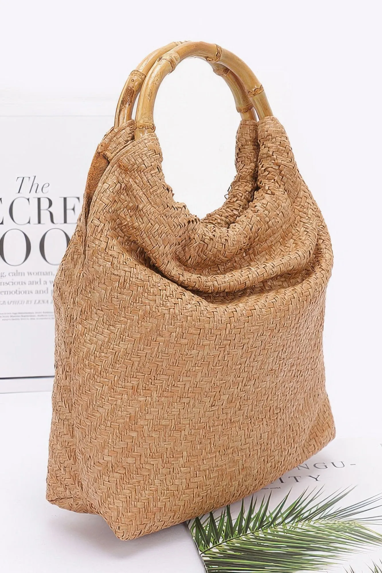 Faux Straw Bamboo Handle Handbag