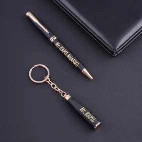 Matte Black Pen And Keychain Combo With Name