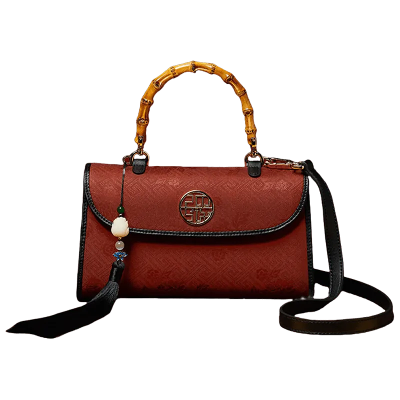 Xiangyunsha Silk Bamboo Handle Brwon Handbag