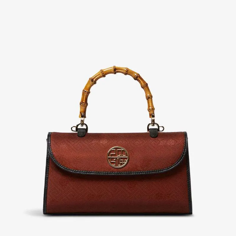 Xiangyunsha Silk Bamboo Handle Brwon Handbag