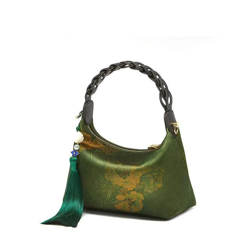 Xiangyunsha Silk Dark Green Mulberry Silk Shoulder Bag