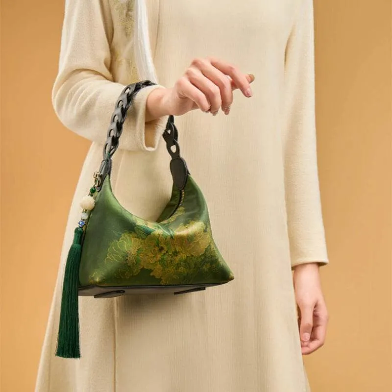 Xiangyunsha Silk Dark Green Mulberry Silk Shoulder Bag