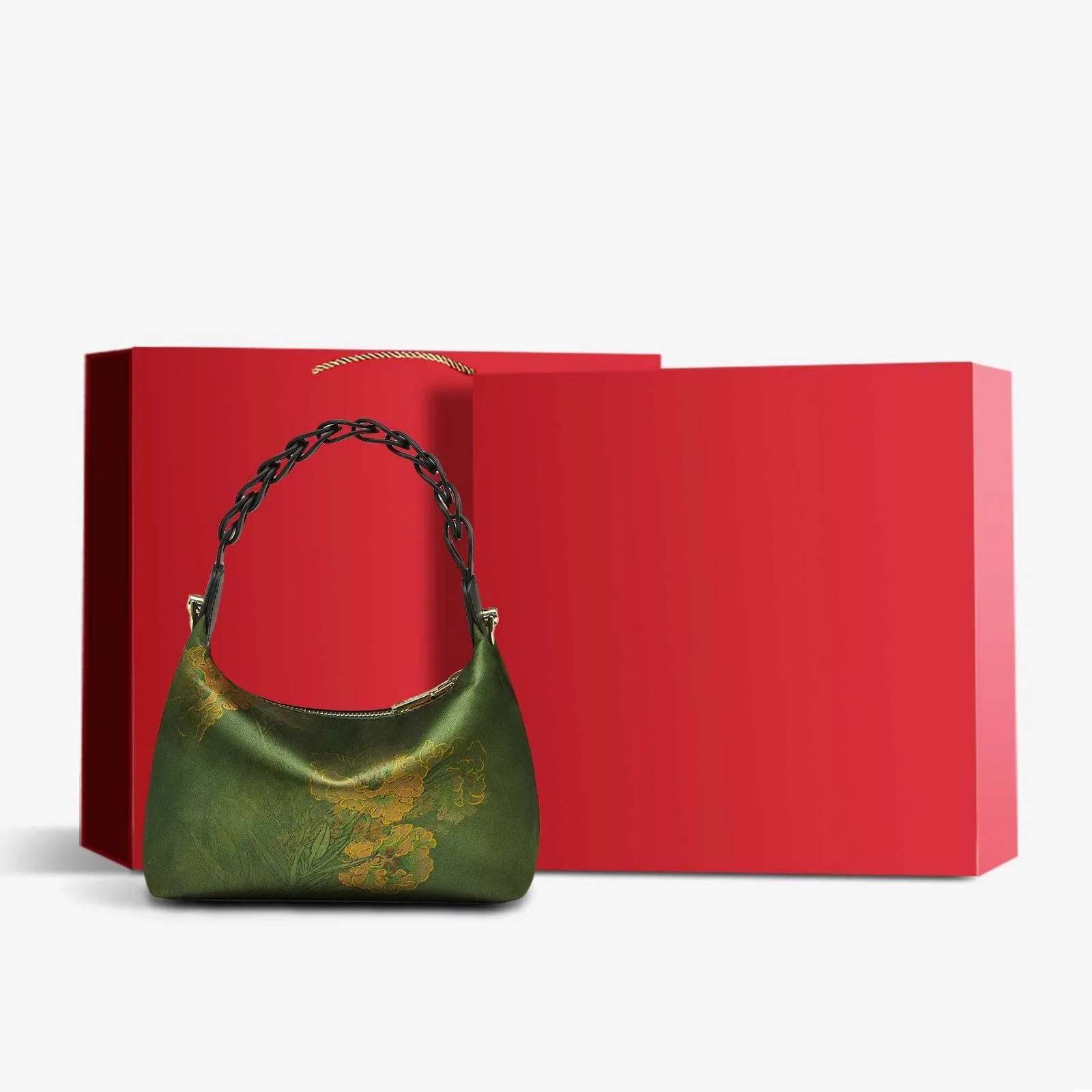 Xiangyunsha Silk Dark Green Mulberry Silk Shoulder Bag