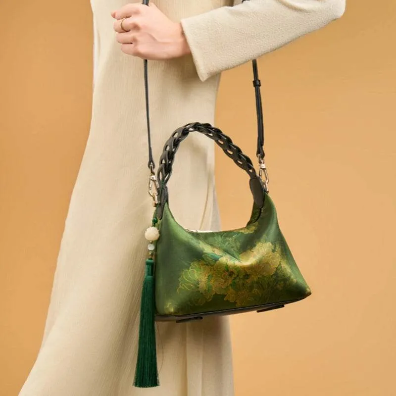 Xiangyunsha Silk Dark Green Mulberry Silk Shoulder Bag