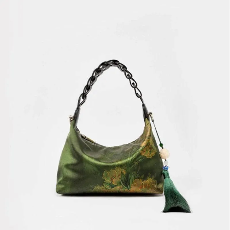 Xiangyunsha Silk Dark Green Mulberry Silk Shoulder Bag