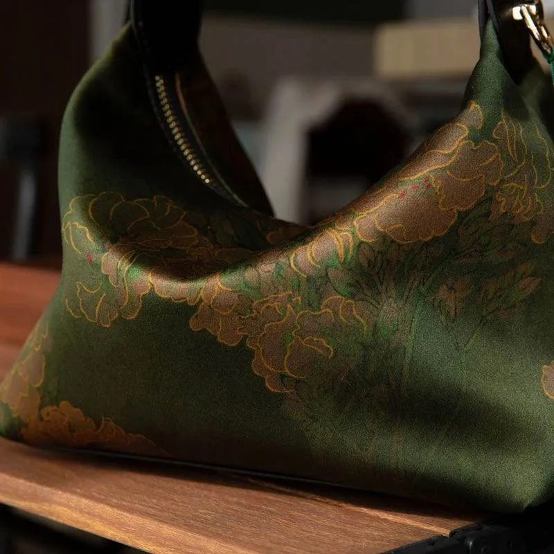 Xiangyunsha Silk Dark Green Mulberry Silk Shoulder Bag