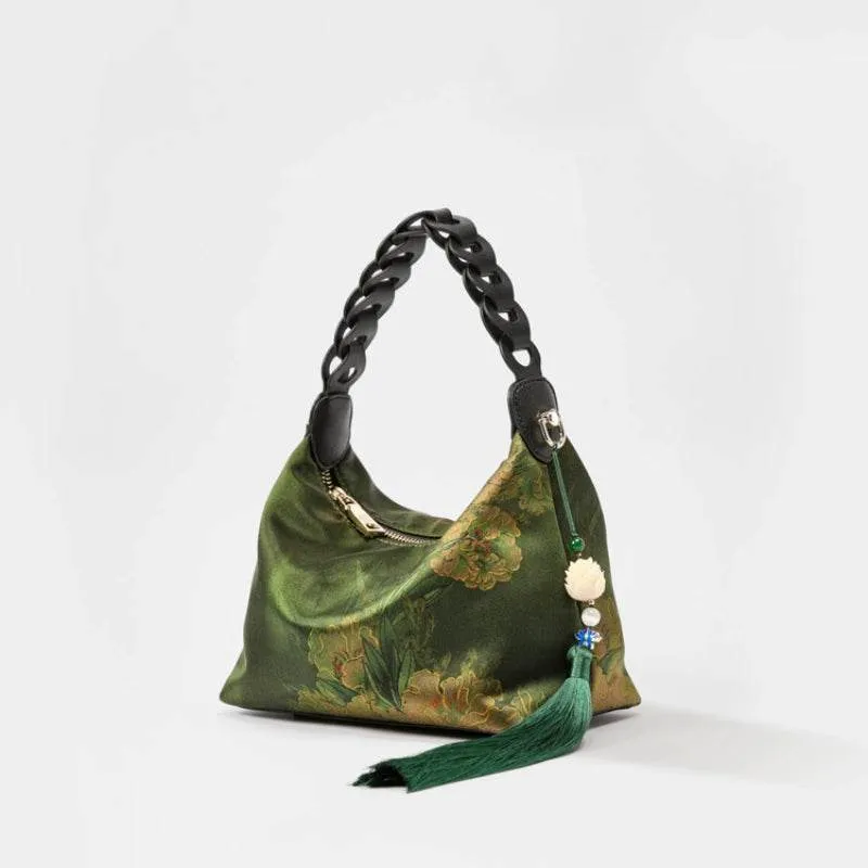 Xiangyunsha Silk Dark Green Mulberry Silk Shoulder Bag