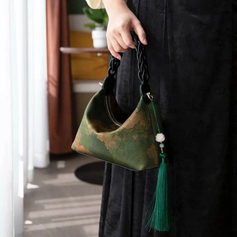 Xiangyunsha Silk Dark Green Mulberry Silk Shoulder Bag