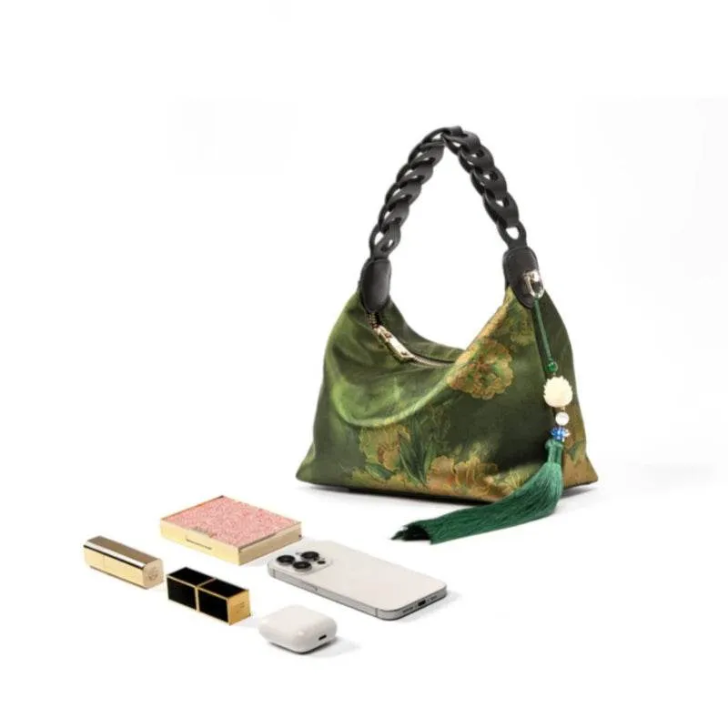 Xiangyunsha Silk Dark Green Mulberry Silk Shoulder Bag