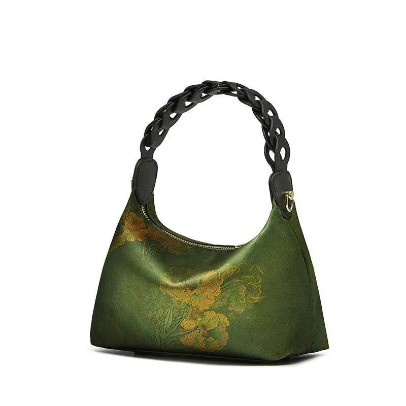 Xiangyunsha Silk Dark Green Mulberry Silk Shoulder Bag