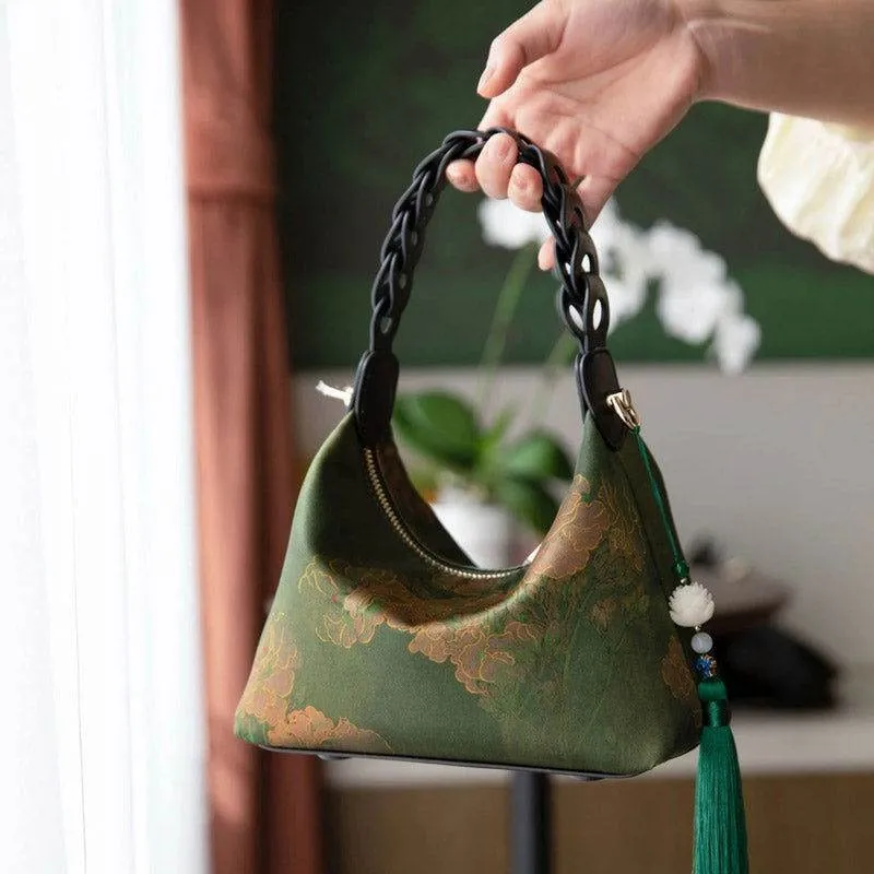 Xiangyunsha Silk Dark Green Mulberry Silk Shoulder Bag