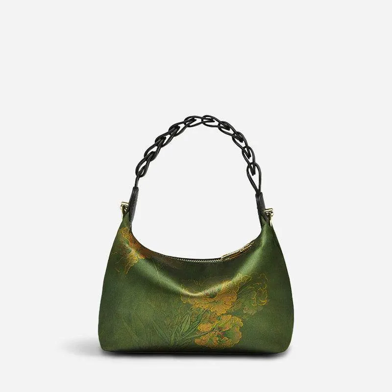 Xiangyunsha Silk Dark Green Mulberry Silk Shoulder Bag