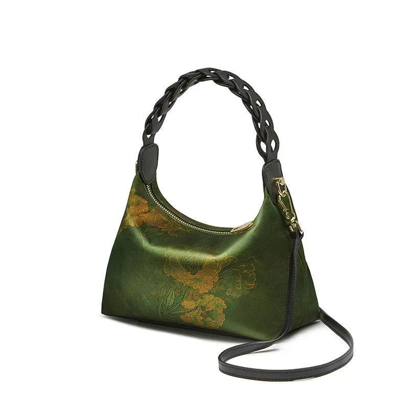 Xiangyunsha Silk Dark Green Mulberry Silk Shoulder Bag